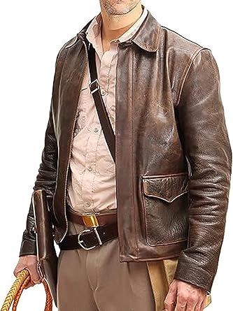 Mens Raiders of The Lost Ark Indiana Harrison Ford Jones Vintage Indiana Brown Bomber Distressed Leather Jacket Coat