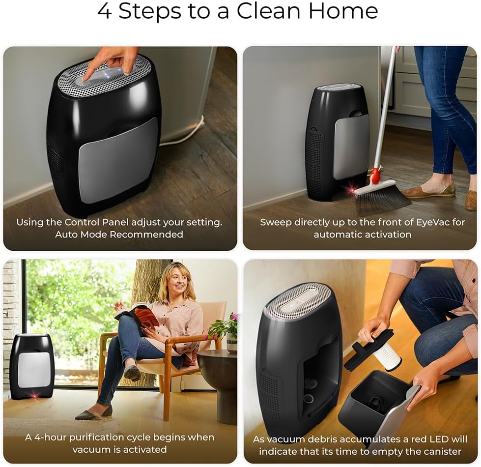 EyeVac Air 2-in-1 HEPA Air Purifier & Touchless Vacuum Automatic Dustpan - Ultra Fast & Powerful - Covers 600 Sq ft - Corded Canister Vacuum, Bagless, Automatic Sensors, 1000 Watt (Black/Black)
