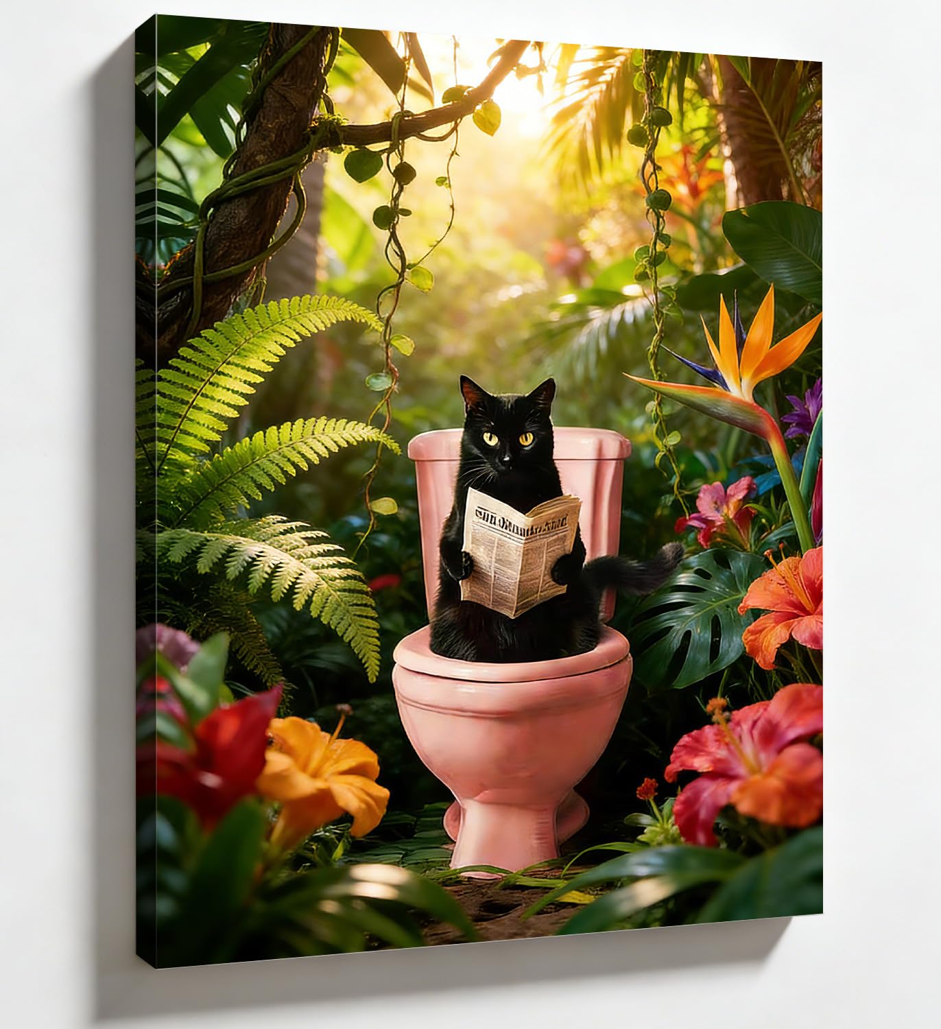 PIGPIGFLY Cute Cat in Toilet Canvas Wall Art 30x40cm - Adorable Kitty Bathroom Picture, Framed Wall Decor for Cat Lovers, Bedroom or Bathroom