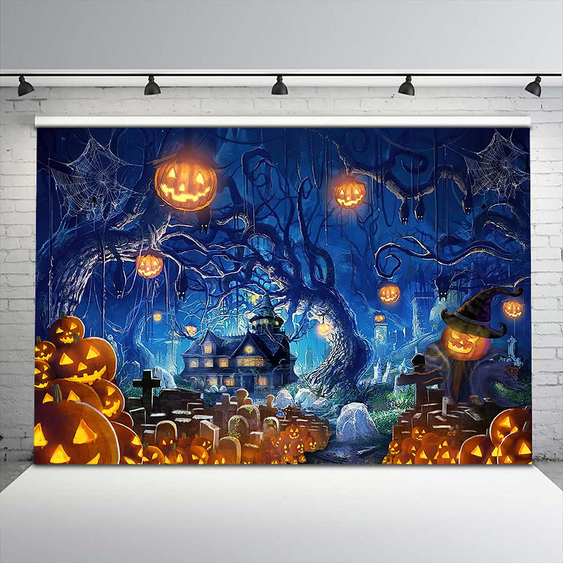 Avezano Dekoracje na przyjęcia Halloween, Halloween tła do fotografii, martwe drzewa nawiedzony dom baner Jack O'Lantern dynia latarnia portret budki fotograficznej rekwizyty (20 x 15 cm)
