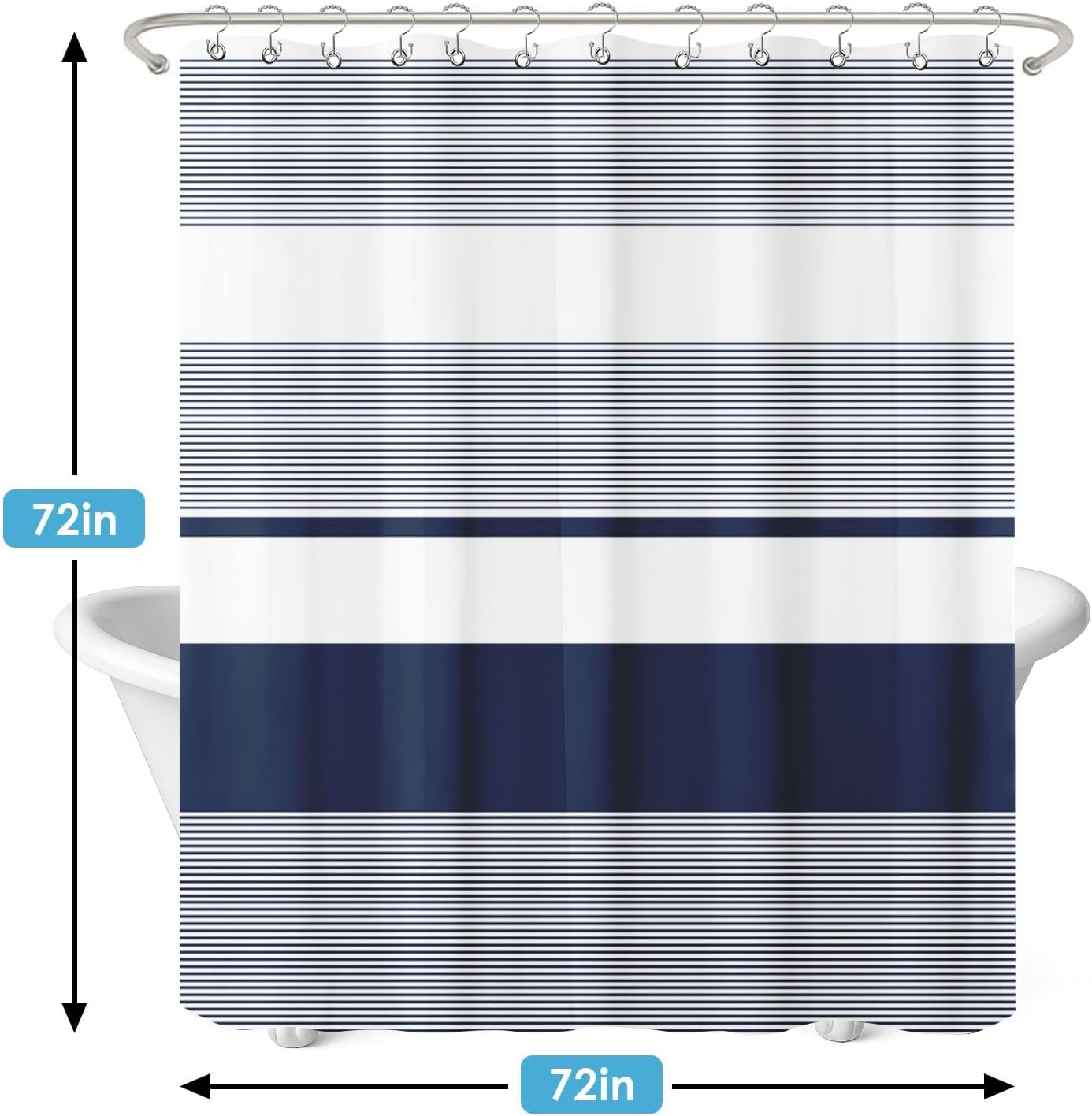 3-in-1 Shower Curtain Set, Modern Navy Blue Boho Striped Shower Curtain and Liner with Double-Sided Stainless Steel Hooks, Waterproof Fabric for Bathroom, 72x72 Inch