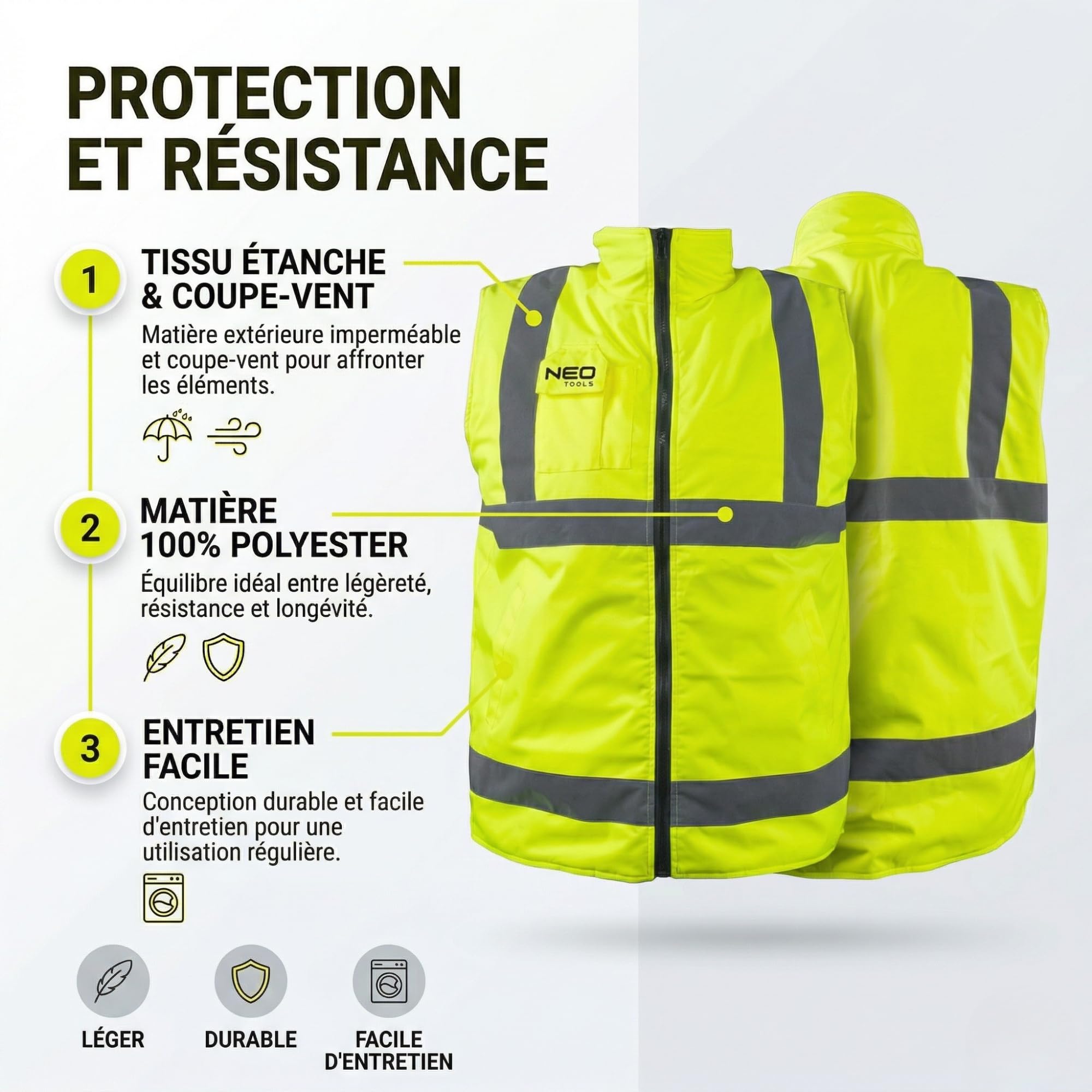 NEO TOOLS Gilet de Sécurité Professionnel 2en1 en Polaire, Coupe-vent et Imperméable ou ensemble avec Pantalon Imperméable - Taille. S-3XL pour Hommes | Réversibles, Réfléchissants d'un Côté