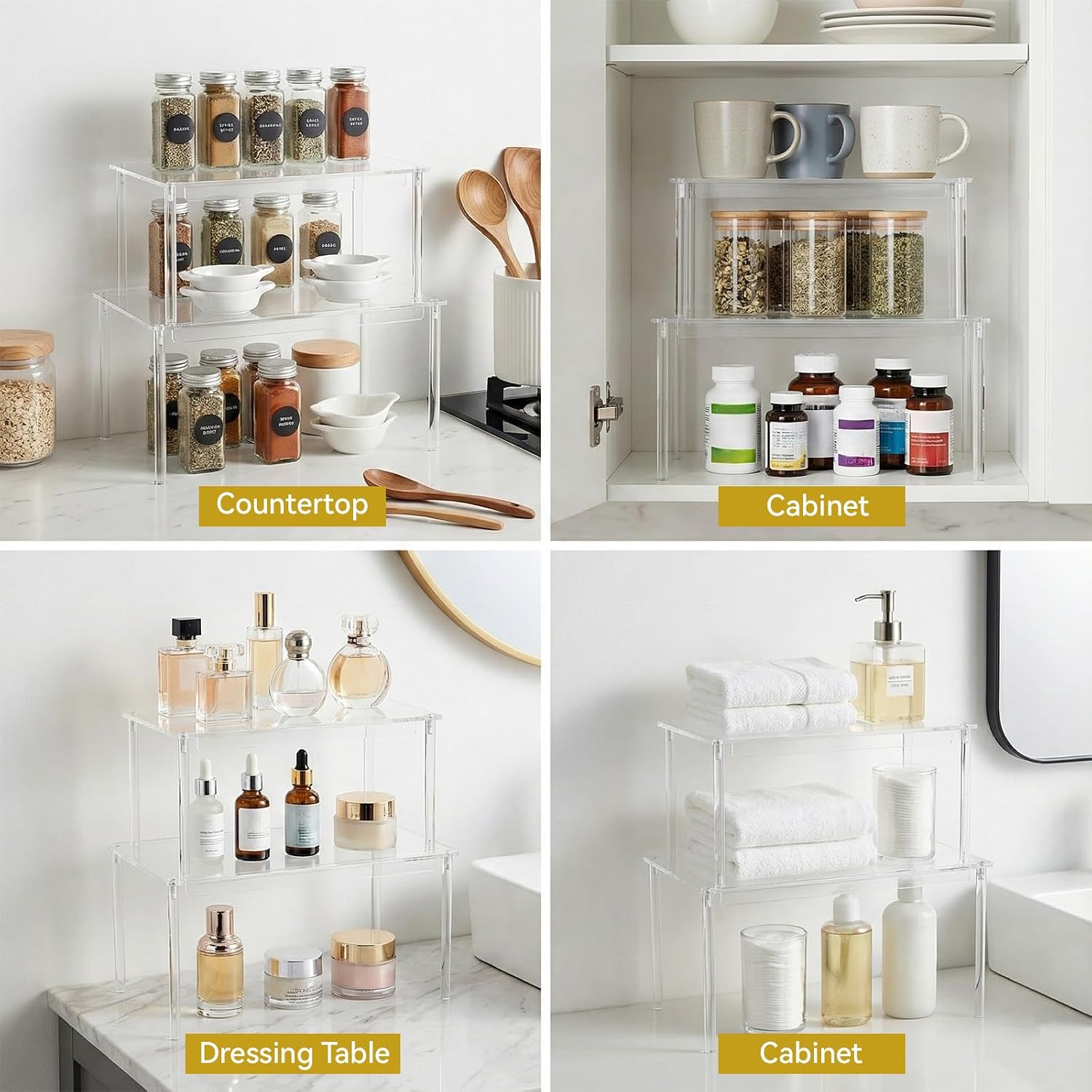 4 Pack Clear Kitchen Cabinet Organizer, Stackable Acrylic Tiered Spice Organization Display Shelf for Cabinet Shelf Desk Countertop Organizer