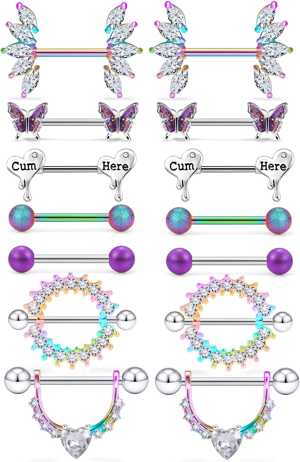 Cisyozi Butterfly Nipple Rings 14G Nipple Piercing Jewelry Stainless Steel Nipple Tongue Ring Barbell Piercing Jewelry for Women 14mm Silver Black Purple Rose Gold 7Pairs