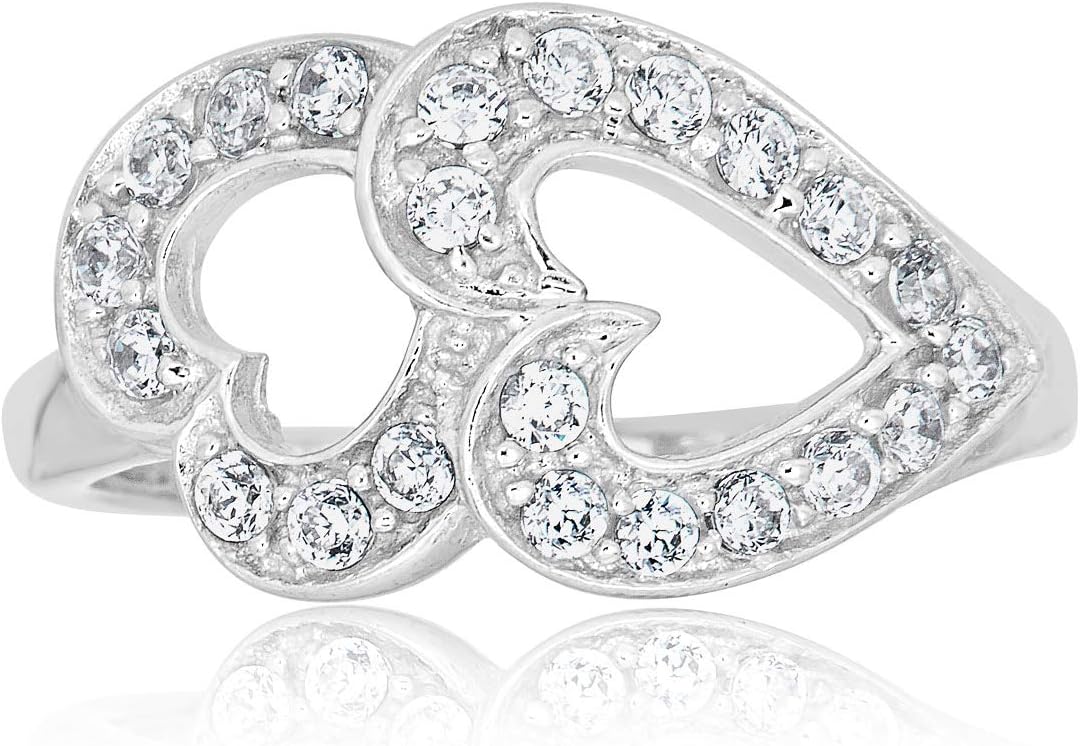AVORA 10K White Gold Simulated Diamond CZ Double Heart Fashion Ring