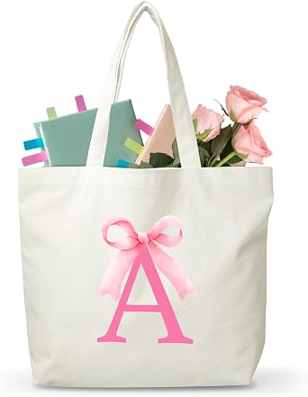 Pink Bow Letter Canvas Tote Bag, Monogram Bag Gifts For Girls Friends Teachers Nurses