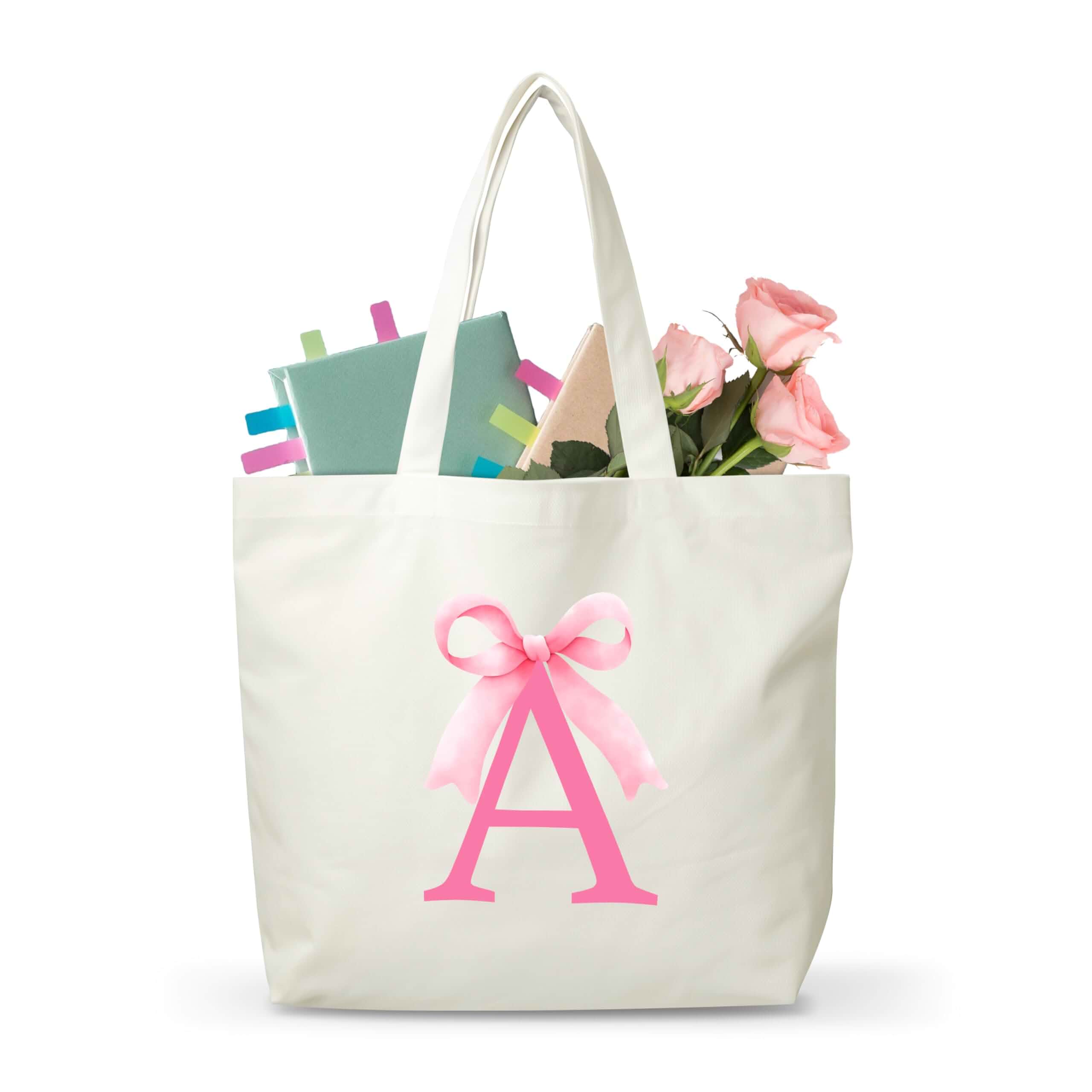 FQPJA Pink Bow Letter Canvas Tote Bag, Monogram Bag Gifts For Girls Friends Teachers Nurses