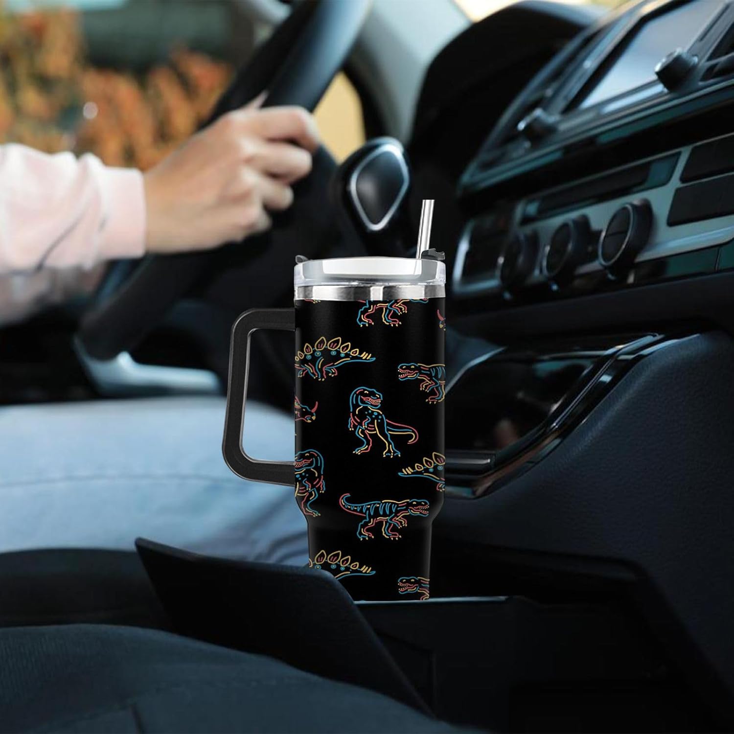 generic Dinosaur Dino Favors 40oz Tumbler With Handle Gifts For Fathers Stainless Steel Wine Tumbler For University, White - Image 4