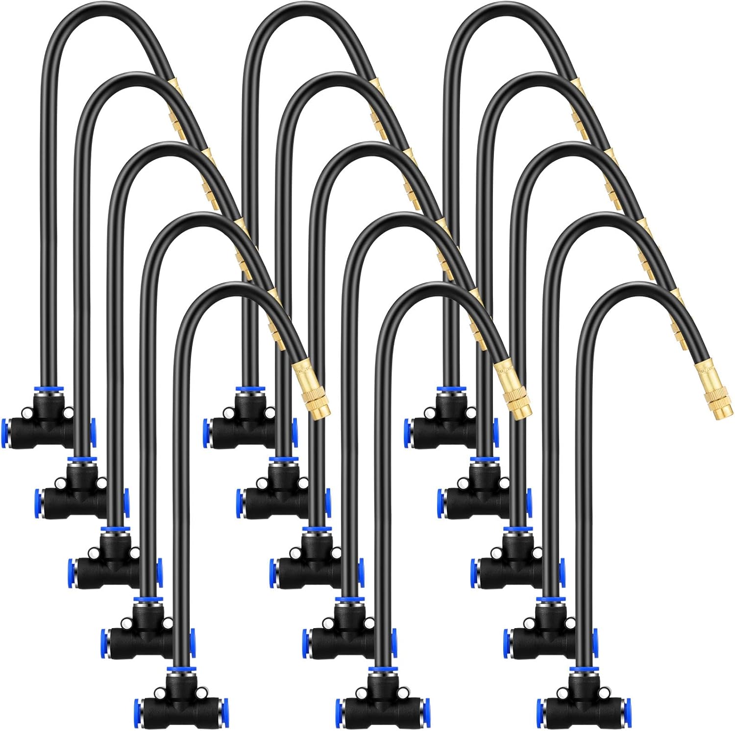 Zonon 15 Pcs Brass Misting Nozzles Tee with 16" Built in Hose for 0.32"/8 mm Tubing 360 Degree Rotation Adjustable Water Mister Nozzle Thread Sprayer Misting Part Accessories for Patio Outdoor Cooling