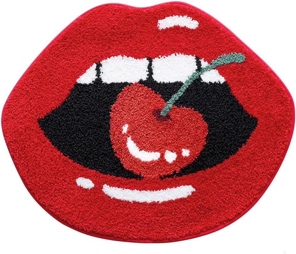 Ankah Red Lips Shaped Rug, Fire Hot Lips Bath Mat, Super Soft Microfiber, Non-Slip, Machine Washable, Quick Dry, Mats for Shower, Bathtub and Floor Accessories, 23.6" x 29.5", Kiss of Cherries