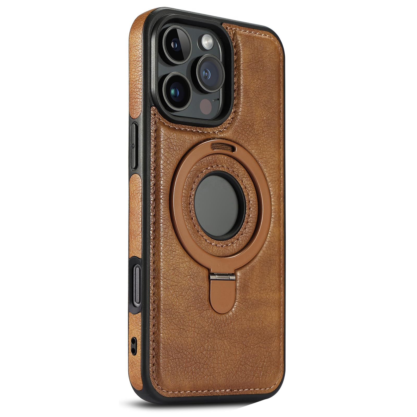 Braun,16 Pro, Lederhülle Für iPhone 16 Pro Max/16 Pro/16 Plus/16, Unterstützt Drahtloses Aufladen Schutzhülle Mit Ring Ständer Fall Case Logo View