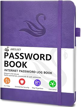 Elegant Password Book with Alphabetically Tab - Internet Website Address Login Hardcover Password Book - 7" x 10" Password Keeper and Organizer with Memo Section & Back Pocket Violet Purple