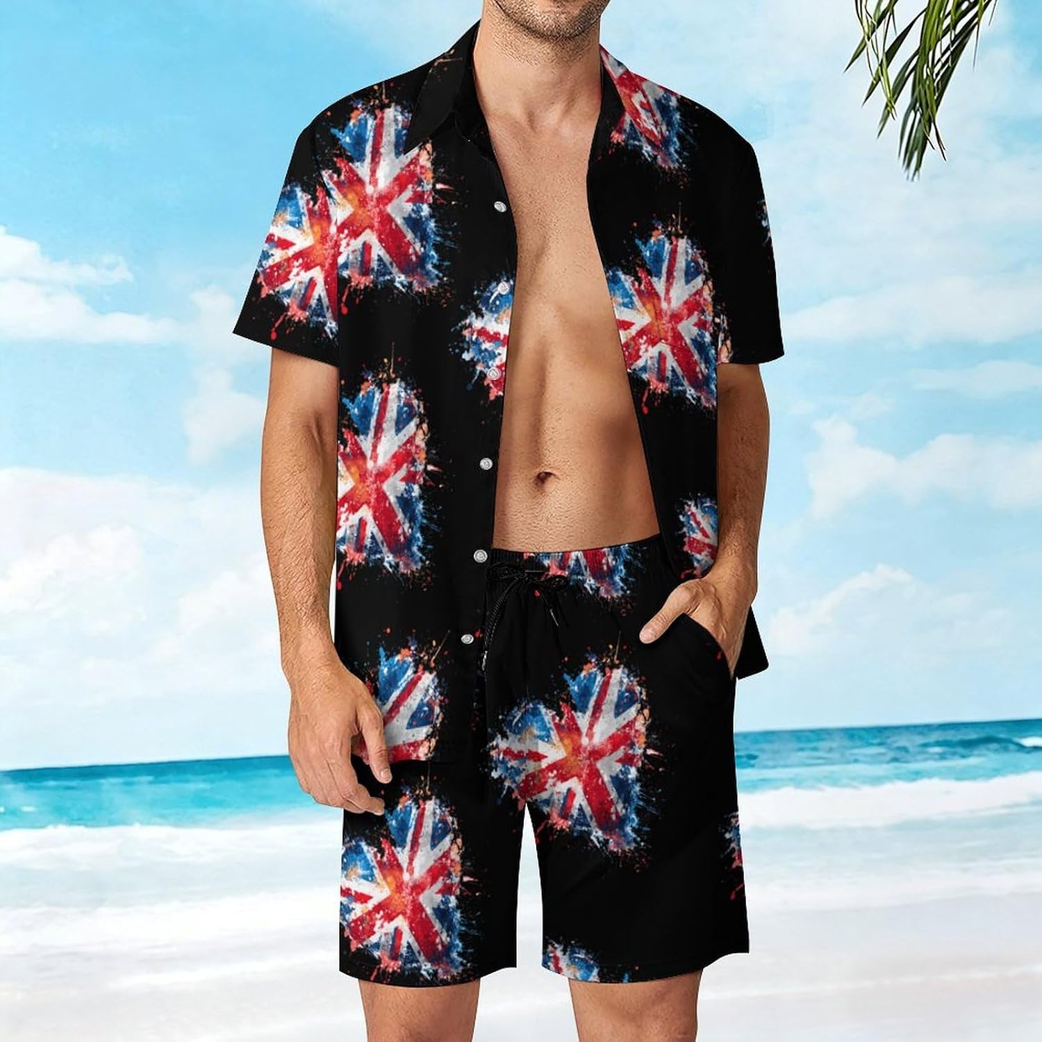 Heart United Kingdom Flag Splash Men's Summer Beach 2 Piece Outfits | hawaiian button down shirt and shorts,vacation cruise,mens bathing suit