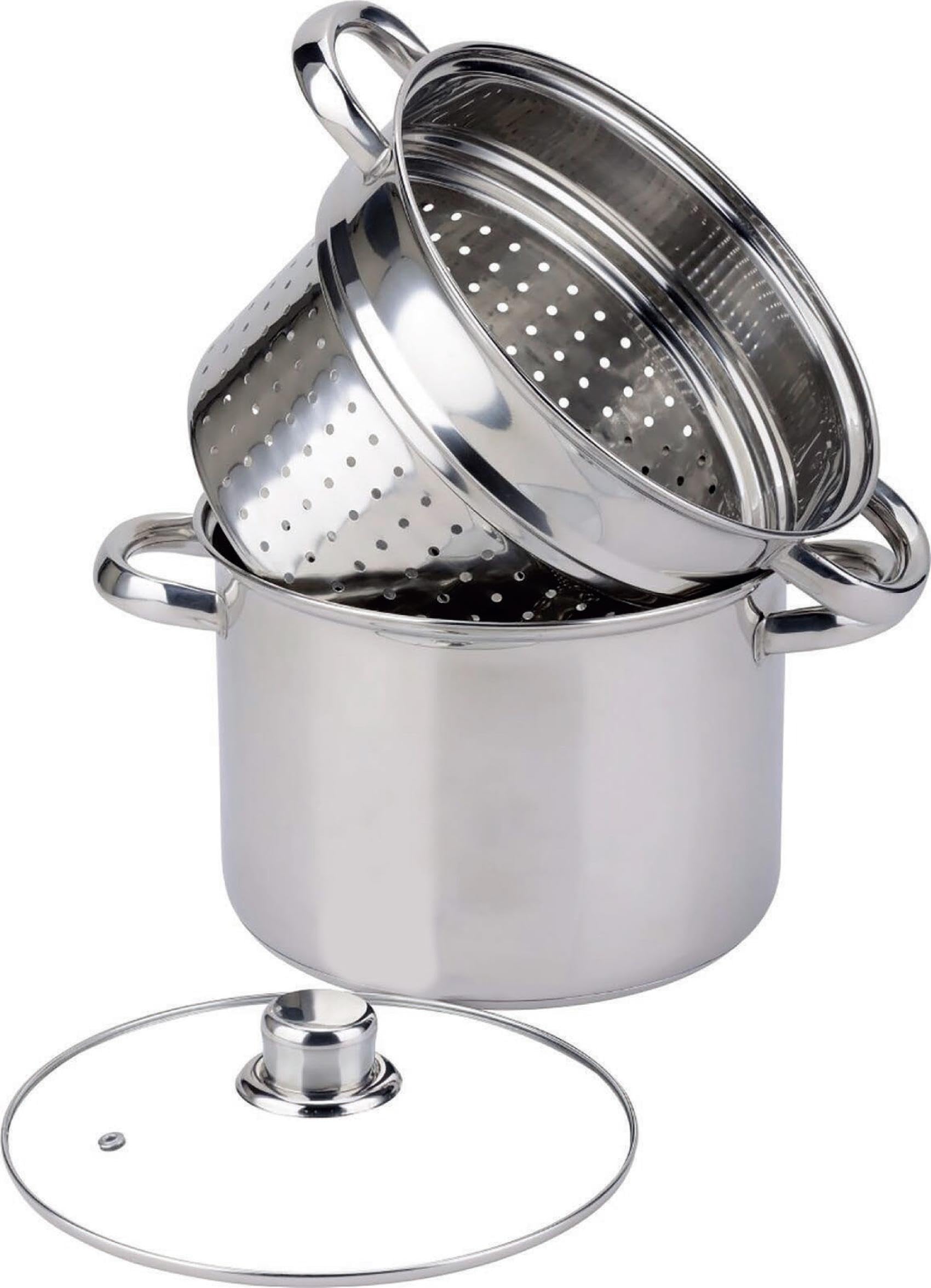 BAUMALU - Cuiseur à Pâtes - Acier Inoxydable - Tous Feux dont Induction - Triple Fond Diffuseur, Répartition Homogène de la Chaleur - Couvercle en Verre avec Bords Inox et Trou Vapeur - Ø24cm