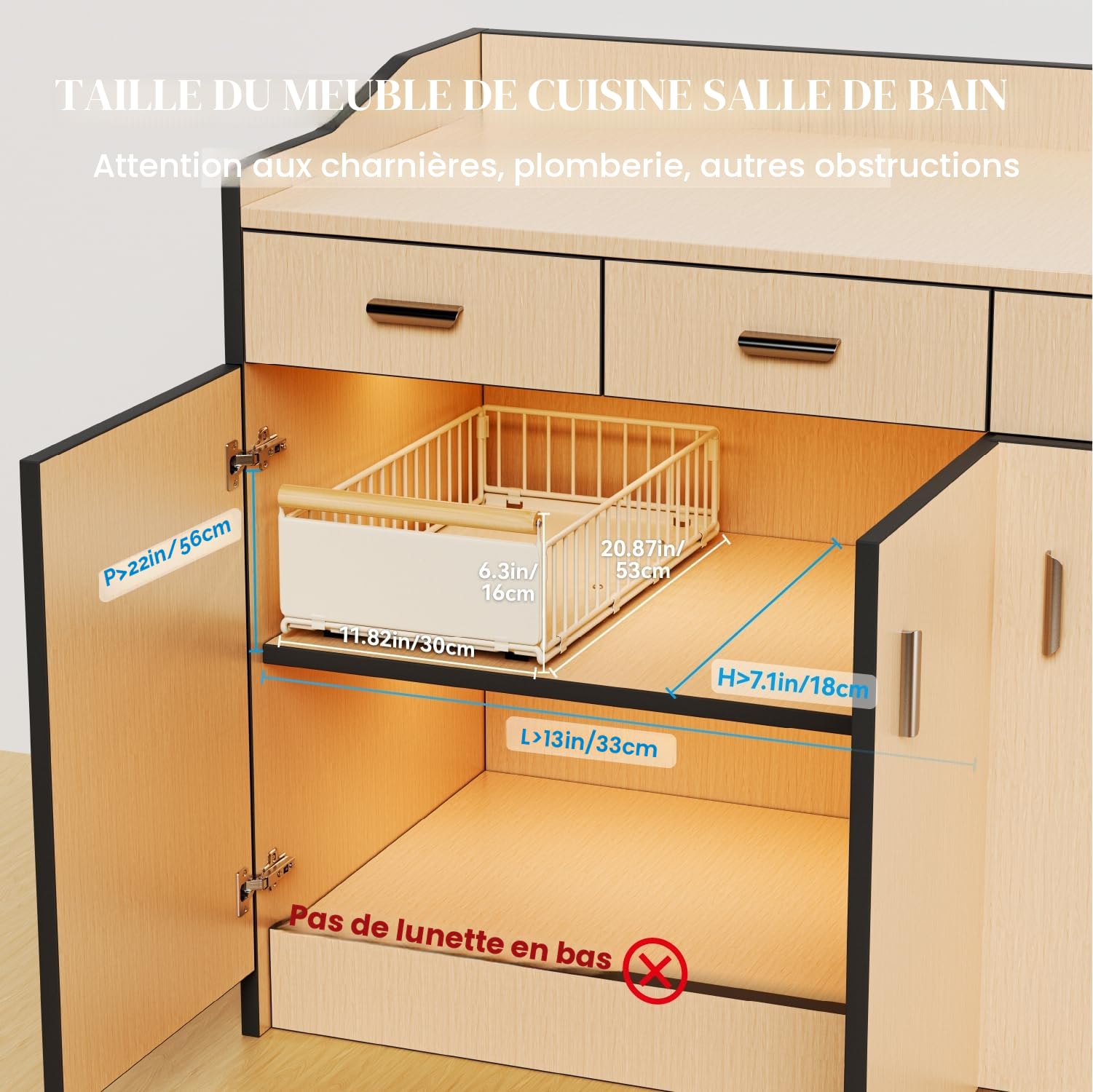 2 Pack de tiroirs coulissants pour armoires, boîte de rangement coulissante avec film adhésif Nano et vis pour la cuisine, le garde-manger ou la salle de bain, 11.82''Lx20.87''Px6.3''H