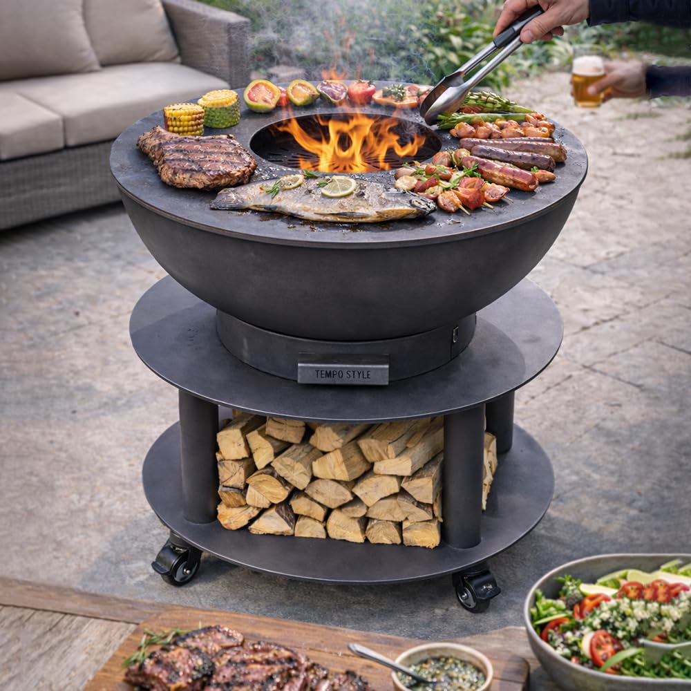 Grill na drewno i węgiel drzewny Stromboli | Okrągły grill ze stali Corten do użytku na zewnątrz i do ogrodu, z grillem do gotowania ze stali nierdzewnej 316 sp.1 cm, przenośny z kółkami