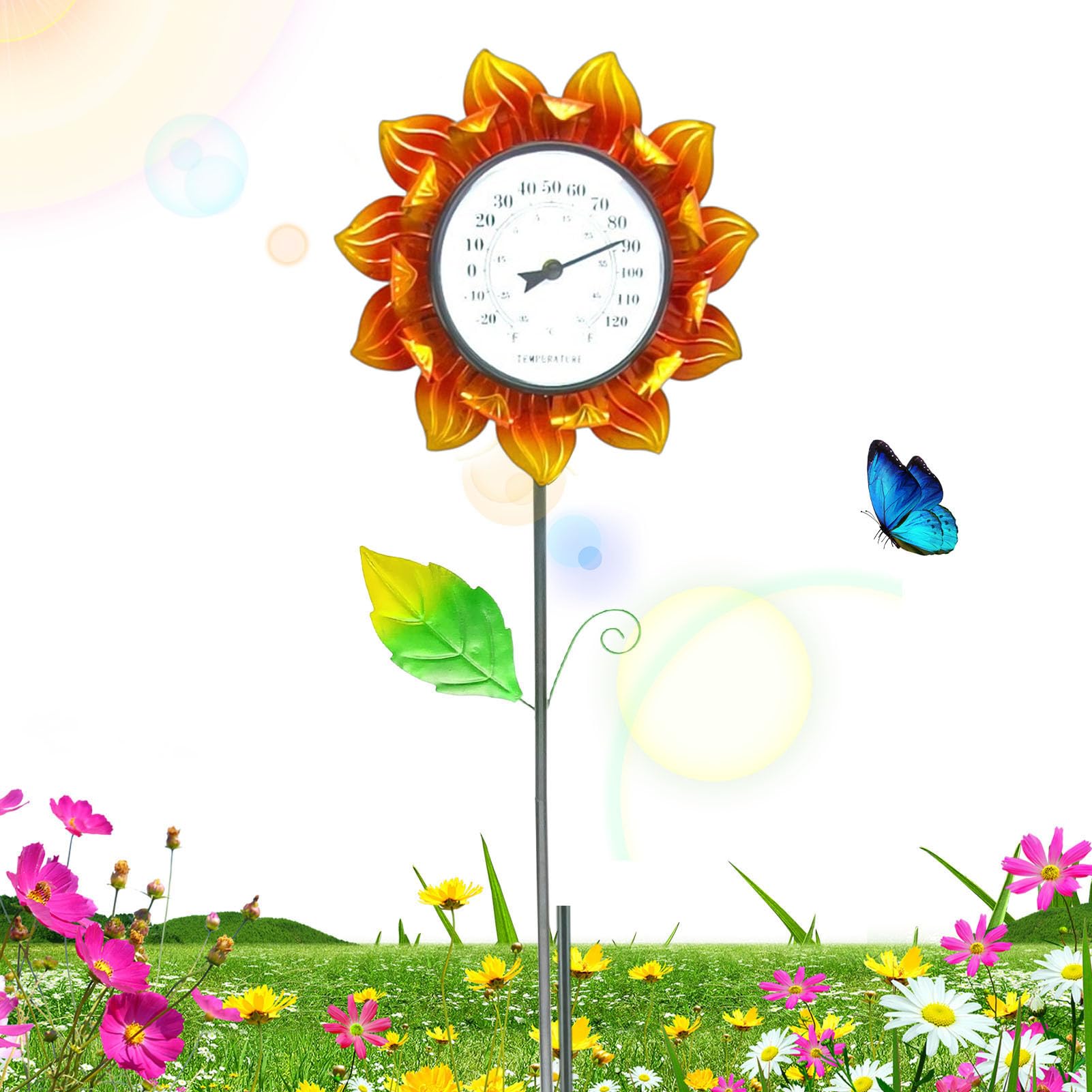 Termometro su paletto in metallo – Termometro da esterno, decorativo | da giardino solare da 40,2 pollici | Termometri A paletti da giardino, fiori decorativi in metallo per Pe