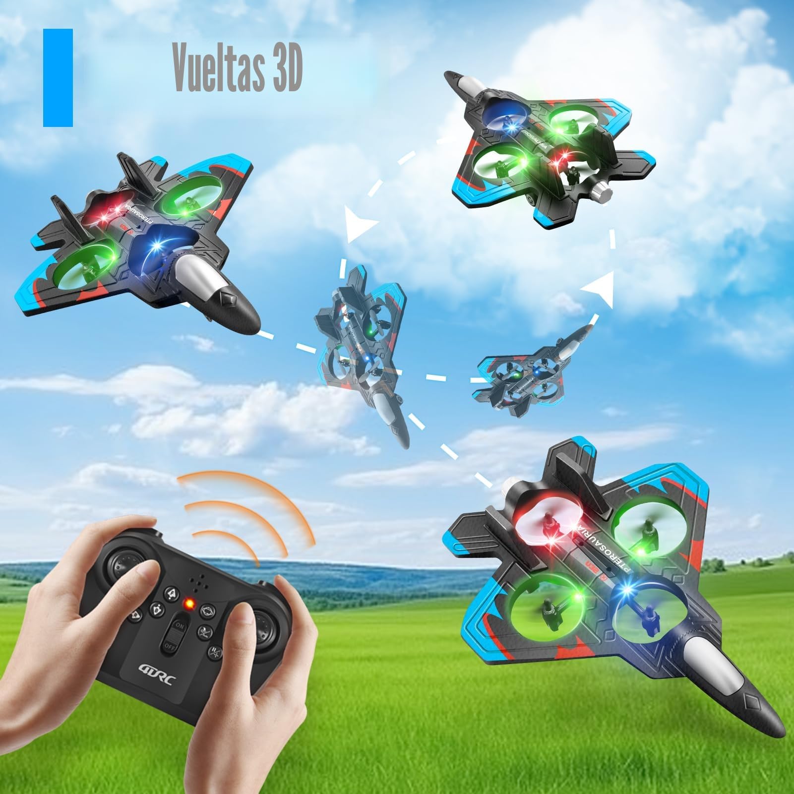 4DRC Avión V32 Controlado por Radio, para Niños >8 Años, Jet con Luces, Giro 360°, Mantenimiento de Altura, Modo sin Cabeza, Arranque un Clic, Regalo de Juguete al Aire Libre para Adultos y Niños