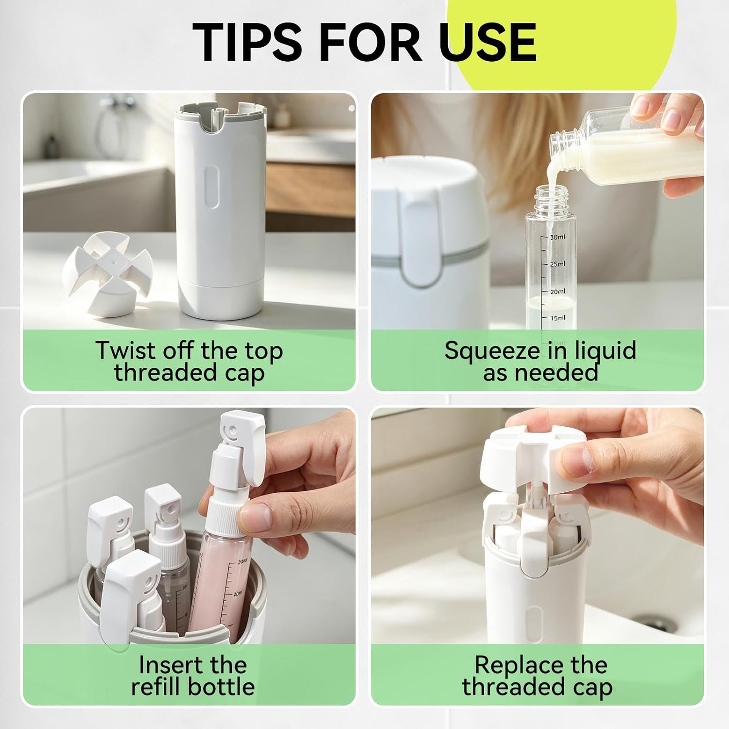 4-in-1 Travel Dispenser with Pump,Four 30mL Refillable Bottles in One Compact Case,Toiletry Containers for Shampoo, Conditioner,Body Wash and Lotion image 5