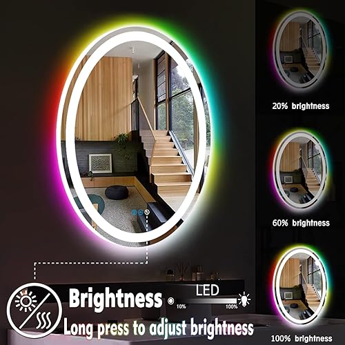 Miniatura 2 de THEKLA Espejo LED ovalado de baño de 20 x 30 pulgadas con luces de 3 colores + retroiluminación RGB arco iris, espejo ovalado iluminado para pared