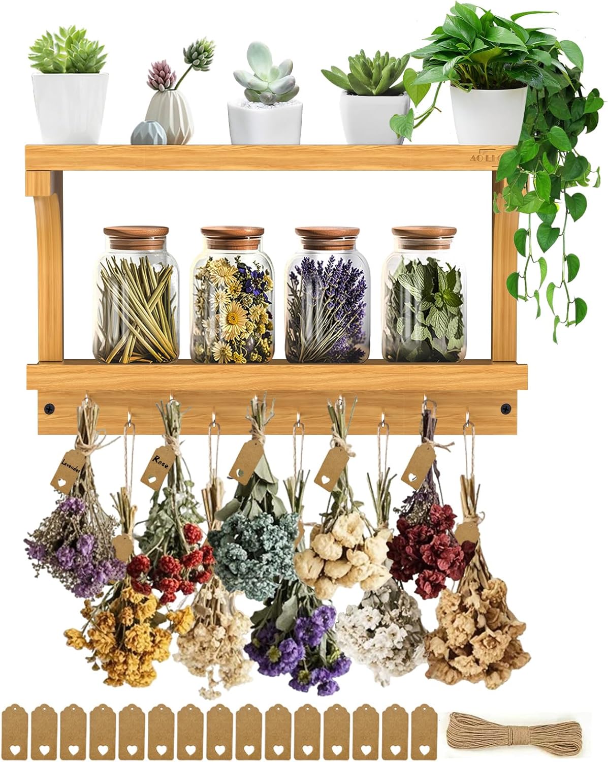 AO LI GEI Herb Drying Rack Hanging 3 Tier Flower Drying with 12PCS Brown Gift Tags and 26ft Natural Jute Twine herb Dryer,Saving Space Herb & Flower Dryer, Home Décor & Gift Idea