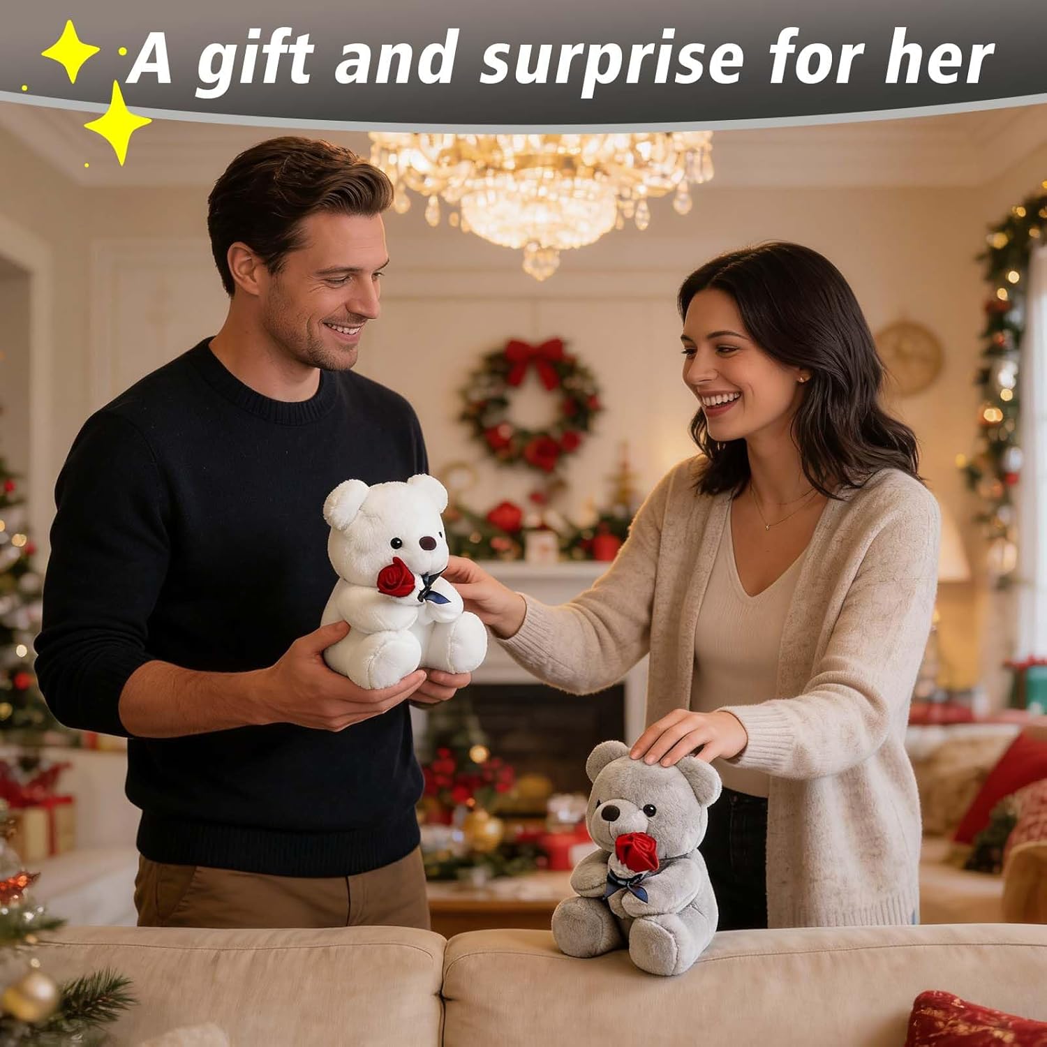 HWD 9.8'' Teddy Bear with Rose, Soft Plush Doll Stuffed Animals Toys, Gifts for Her/Girlfriend Lover Mom Kids Toddlers (White)