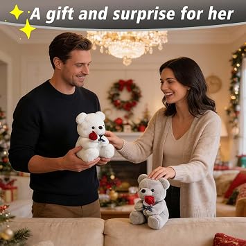 HWD 9.8'' Teddy Bear with Rose, Soft Plush Doll Stuffed Animals Toys, Gifts for Her/Girlfriend Lover Mom Kids Toddlers (Gray)