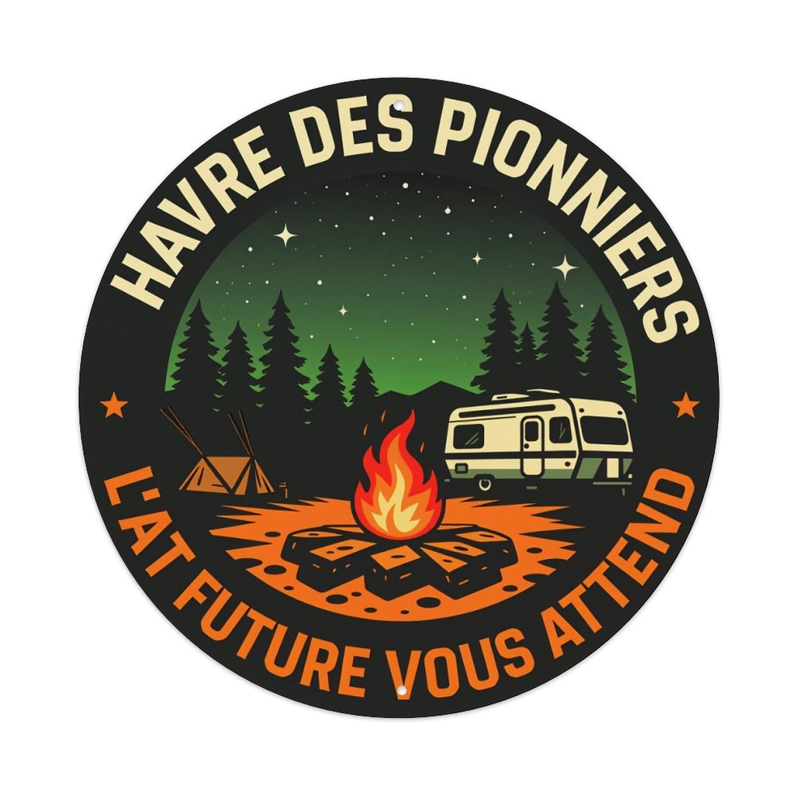 Campfire Tent Trailer Trees Stars Round Tin Sign Vintage Style Metal Sign Home Bar Garden Wall Plaque Decor Metal Poster 8x8 Inch