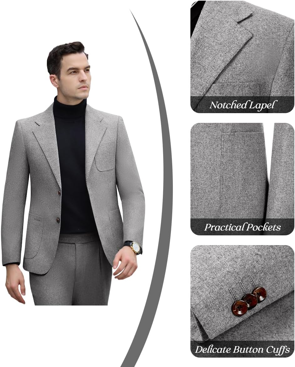 Mens Wool Suits 2 Piece Retro Tuxedo Set for Men Slim Fit Groom Blazer Pants Outfit Party Wedding Prom