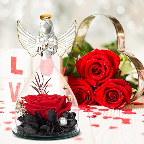 Miniatura 4 de LURLIN Regalos de cumpleaños para mujeres, flores preservadas, regalo de rosas para mamá, esposa, novia, figuras de ángel de cristal con rosa para