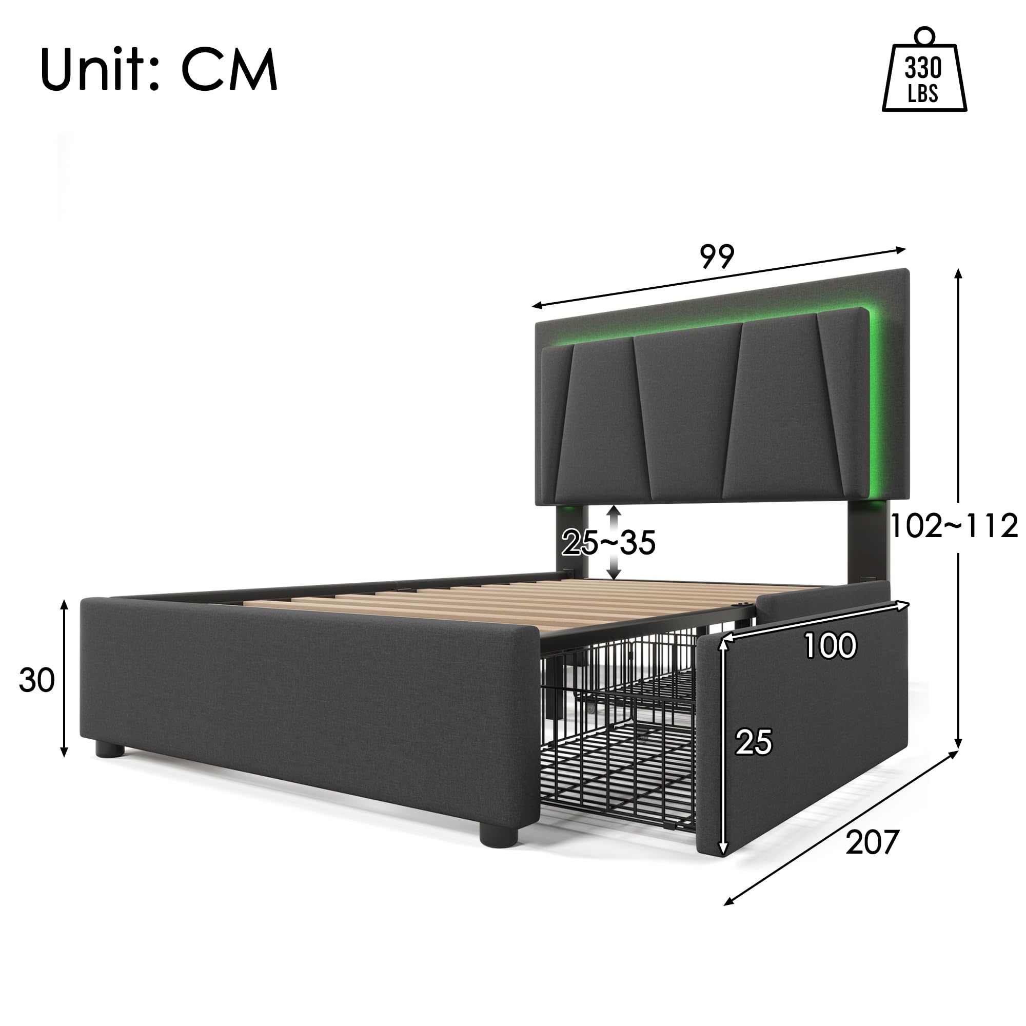 Merax Polsterbett 90x200cm mit LED-Beleuchtung und 2 Schubladen, Einzelbett Bettgestell mit Lattenrost und Höhenverstellbarem Kopfteil, Stauraumbetten, Leinenmaterial, Jugendbett, ohne Matratze, Grau