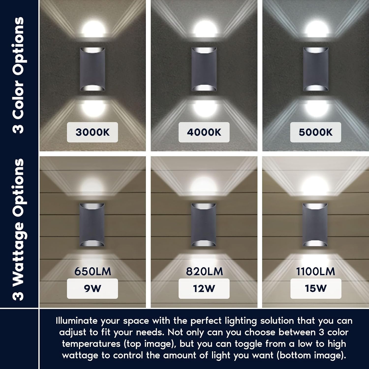 Luxrite Modern LED Porch Lights Outdoor Up and Down Wall Sconce, 9W/12W/15W, 3CCT 3000K 4000K 5000K, IP65 Waterproof, 8 Inch Half Cylinder Aluminum, ETL, Outside Lights for House, Garage, Patio 2-Pack