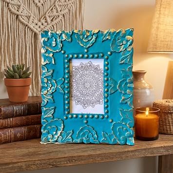 Photo Frame 6 x 4 Inches | With Wall Mount and Stand | Picture Display for Wall Hanging, Shelf, Mantle, Gifting & Home Decor Turqoise Shade With Golden Touch