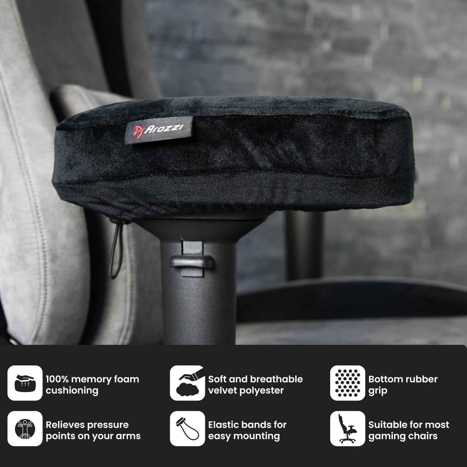 Arozzi Memory Foam Armrest Pads for Gaming Chair with Adjustable Band, Home Office Chair Arm Pads, Ergonomic Memory Foam Pad (Black, Set of 2)