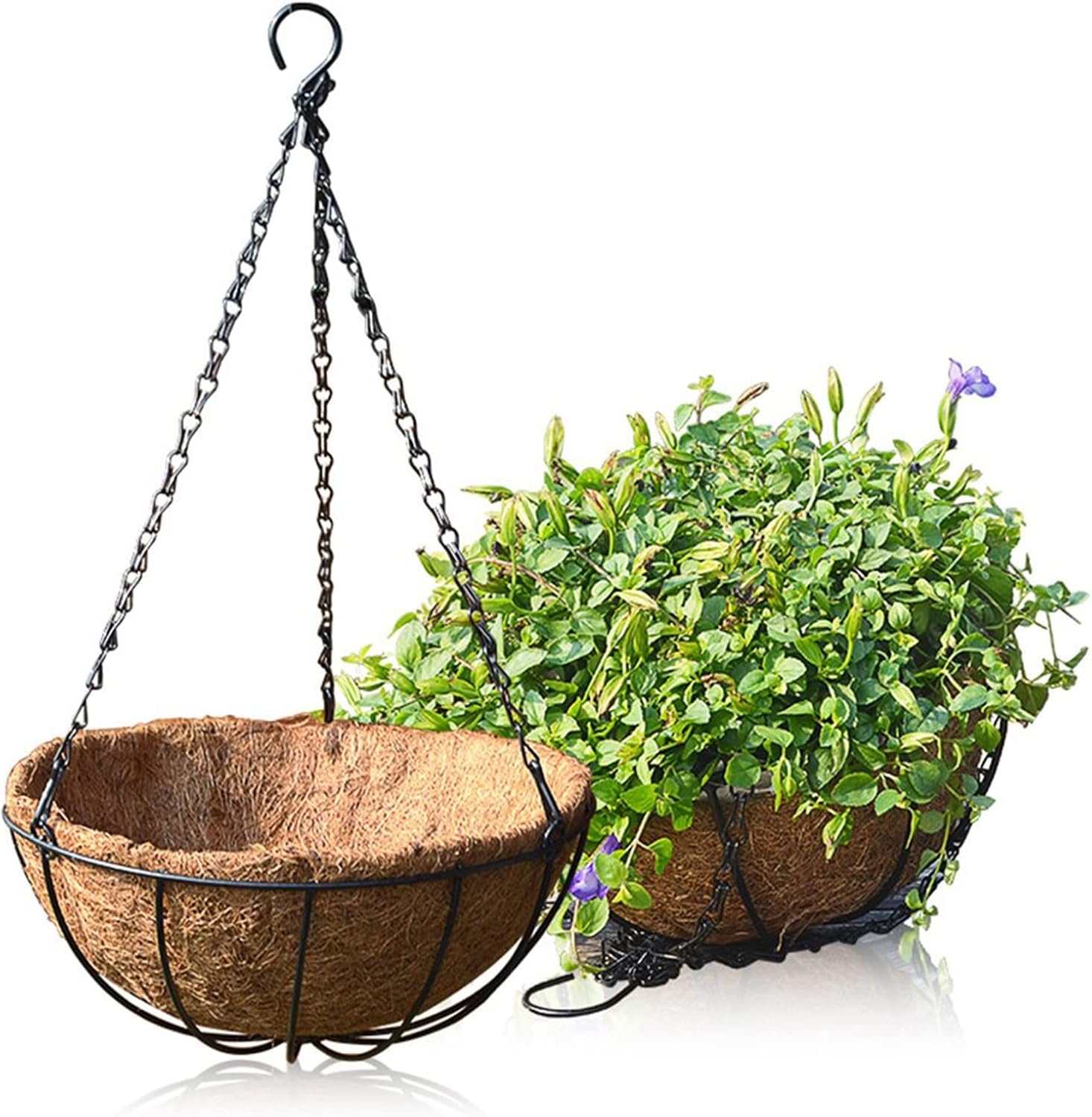 Orgrimmar 2 Pack 8" Metal Hanging Planter Basket with Coco Coir Liner, Small Round Wire Plant Holder with Hanging Chain for Hanging Plant and Flower