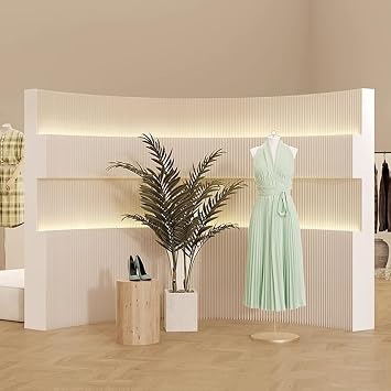 6.2FT Paper Room Divider with LED Light, Folding Privacy Screens with Double-Layer Storage Shelf, Retractable 118-158inPortable Partition Wall for Exhibitions, Salons Home Office A