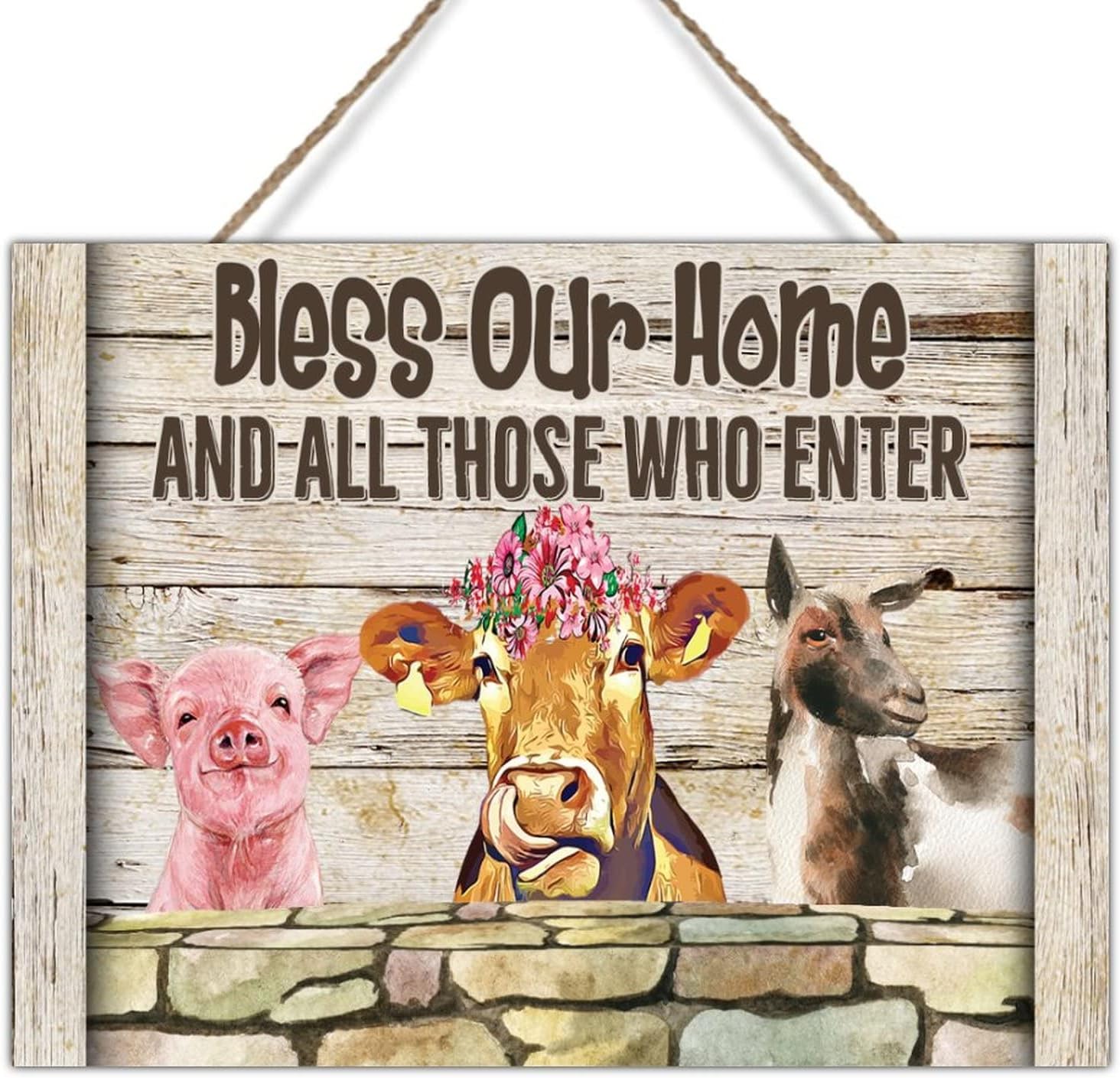 Wood Sign Farmhouse Animal Pig Cow Sheep Sign Bless Our Home and All Those Who Enter Wood Hanging Signs Chic Rustic Hanging Wood Plaque Wall Sign 24x18in Gift to Farm Animal Lover