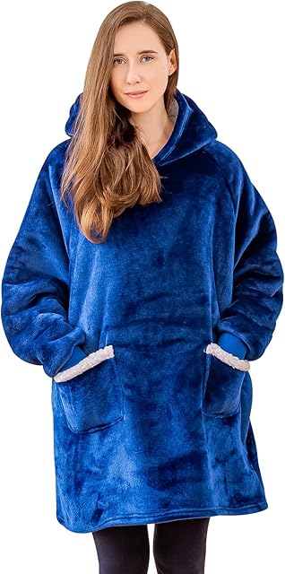 Aisbo Wearable Blanket Hoodie Winter - Extra Warm Sherpa Fleece Hooded Blanket Thick for Adult Mens, Blue Fluffy Snuggle Blanket Hoody Sweatshirt Women Gift for her