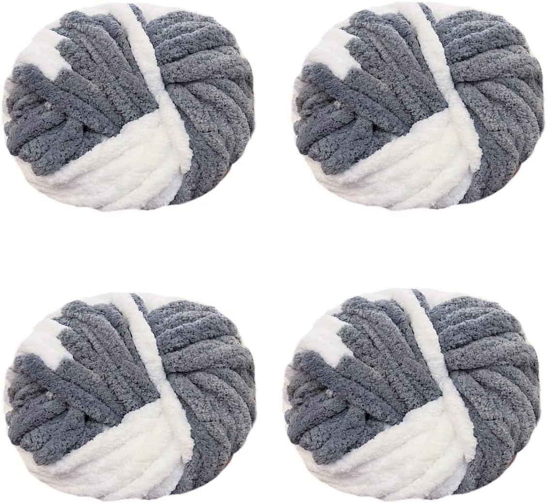 4pcs Bulky Super Chunky Chenille Yarn Arm Knitting Blanket Yarn Jumbo Chenille Yarn DIY Mat Hat Scarf Yarn Per Skein 250g-8oz (Gray White)