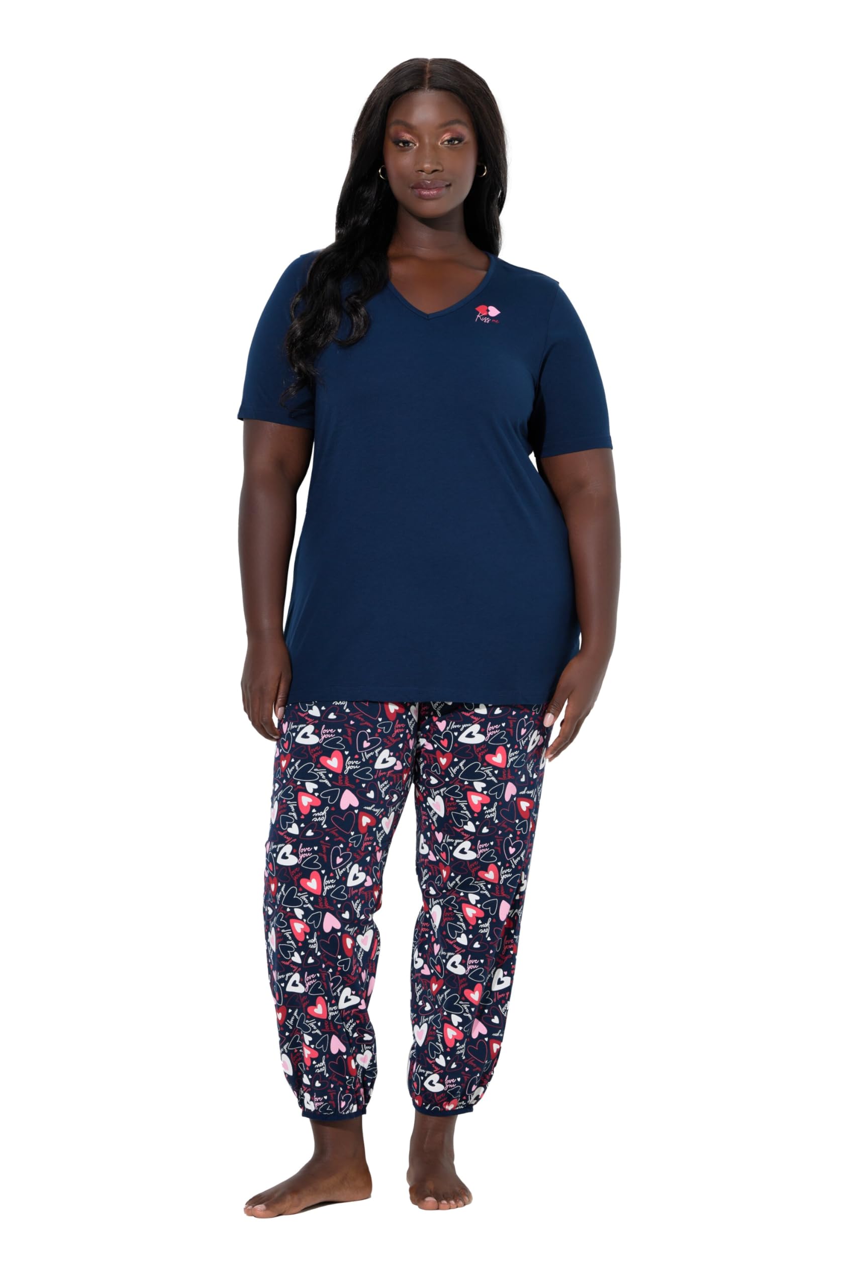 Ulla Popken Damen große Größen Übergrößen Plus Size Pyjama, Herzen, V-Ausschnitt, Halbarm 846602