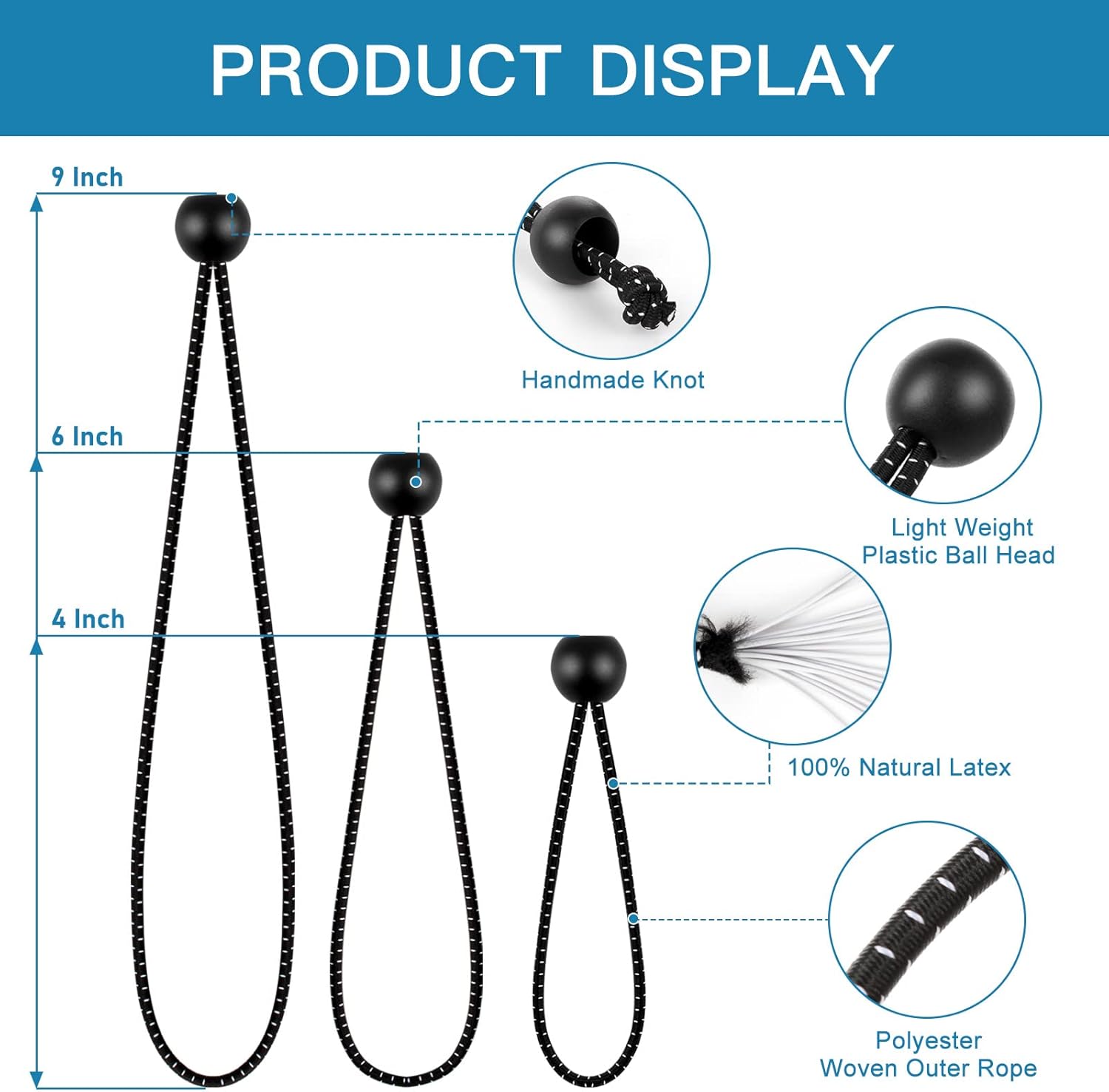 Ball Bungee Cords 4,6,9 Inch,30 PCS Tarp Bungee Balls Heavy Duty Canopy Tarp Tie Cords for Camping, Shelter,Cargo,Tent Poles with UV Resistant