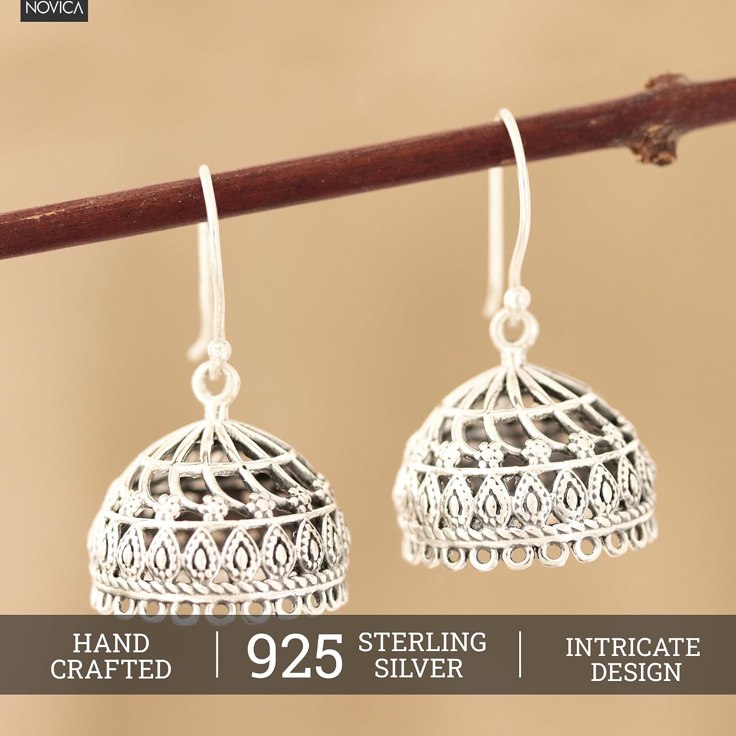 NOVICA Artisan Handmade Sterling Silver Dangle Earrings Openwork Jhumki from India Bollywood [1.3 in L x 0.7 in W x 0.7 in D] ' Intricate Jhumki'