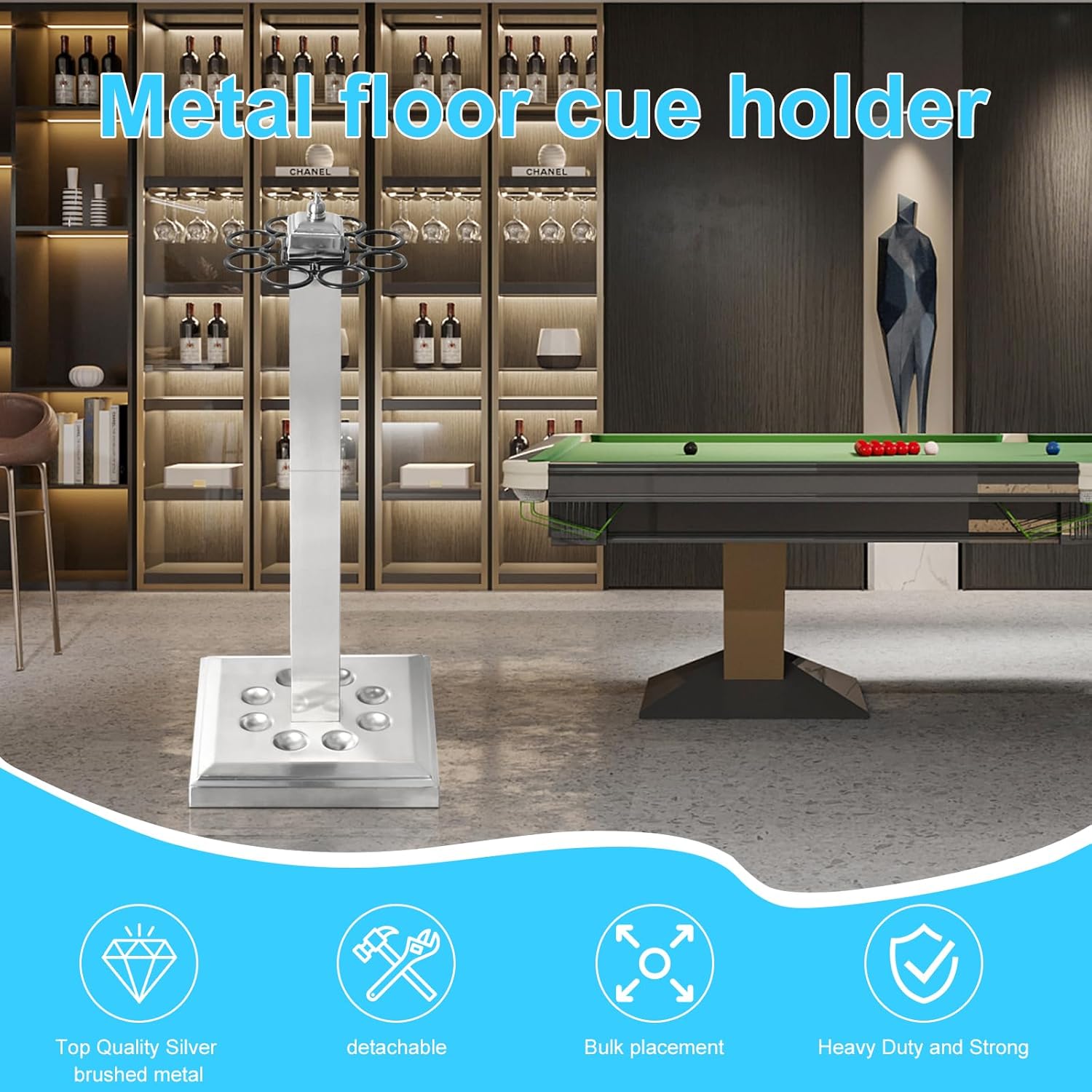 CROWN ME Pool Stick Holder Billiard Cue Rack Holds 8 Sticks Floor Stand metal billiard cue rack, pool cue holder-Finish Silver