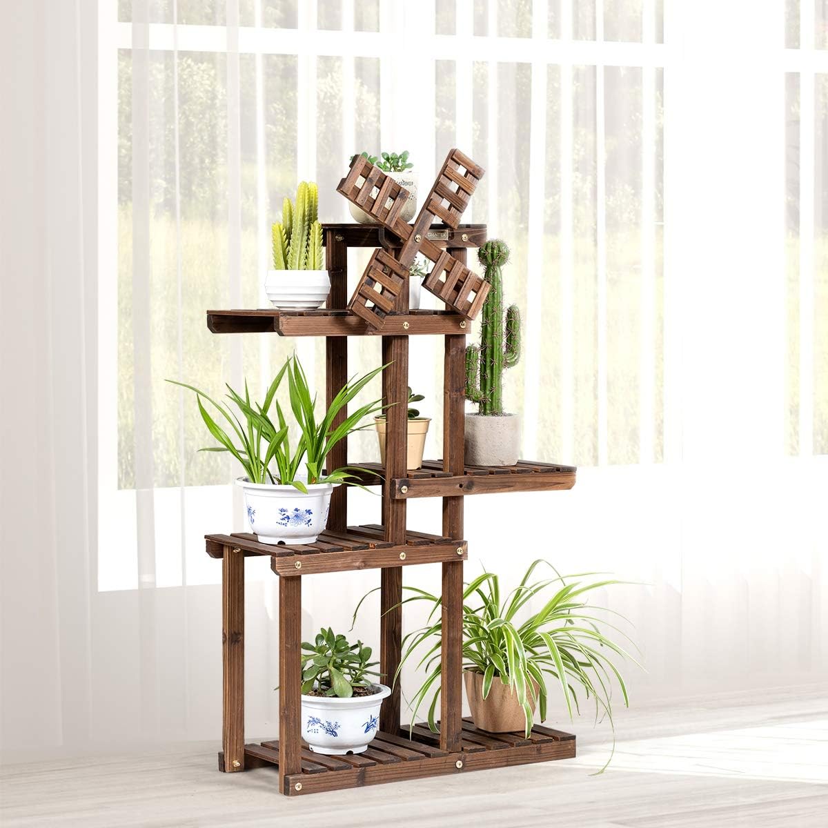 Giantex Wood Plant Stand with Windmill, 5 Tier Multiple Flower Pot Holder Display Shelf for Home Patio Garden Living Room, Outdoor Indoor Plant Display Rack (5 Tiers Accommodate for 6-9 Flowerpots)