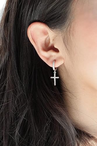 Miniatura 3 de Aretes de aro chapados en oro de 14 quilates, aretes de cruz de oro de moda para mujer, aretes pequeños de circonita cúbica, aretes colgantes de