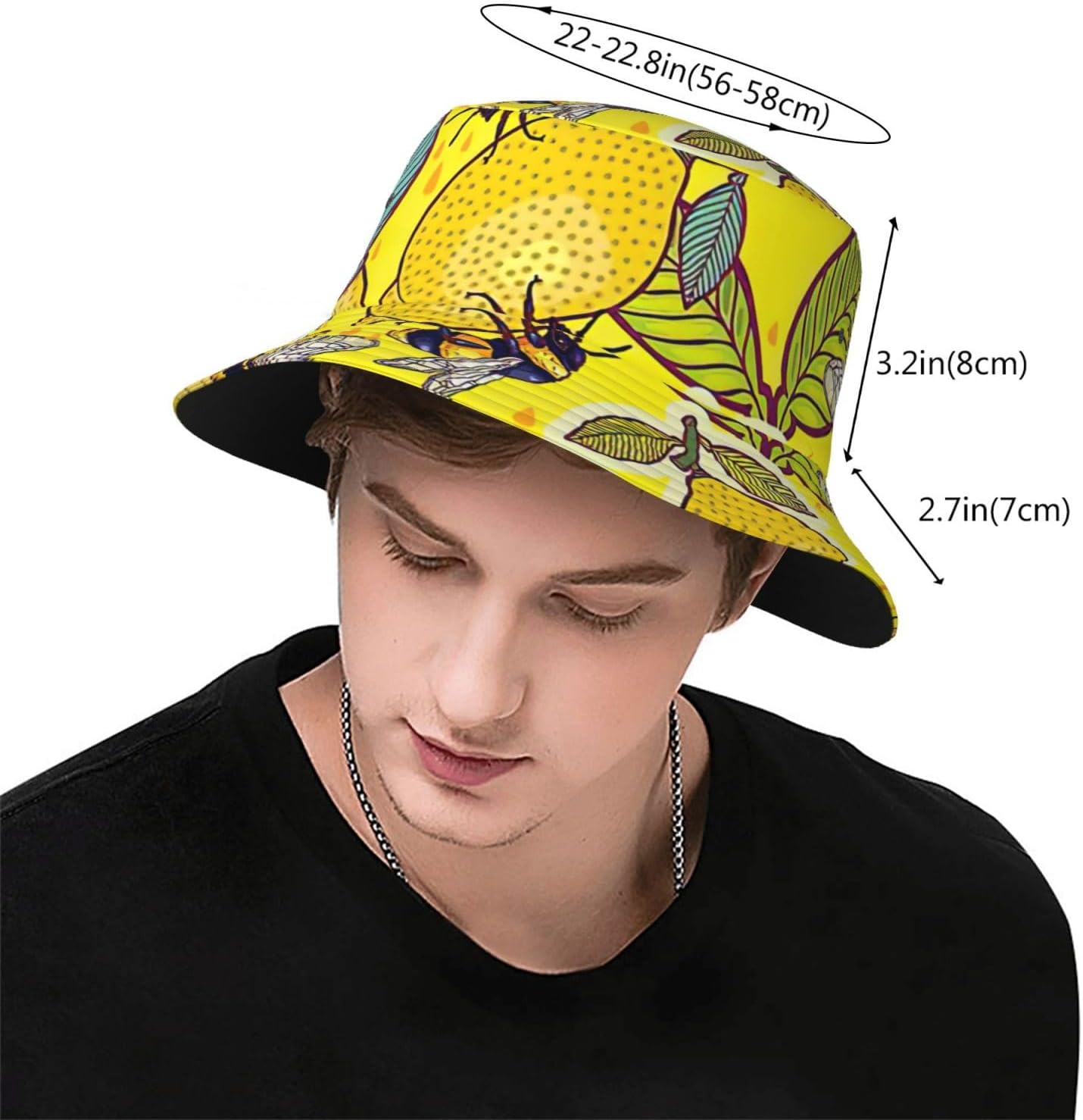 Yellow Lemon and Bee Print Bucket Hat for Men Women,Fun Sun Hats,Fisherman Outdoor Summer Travel Hiking Cap