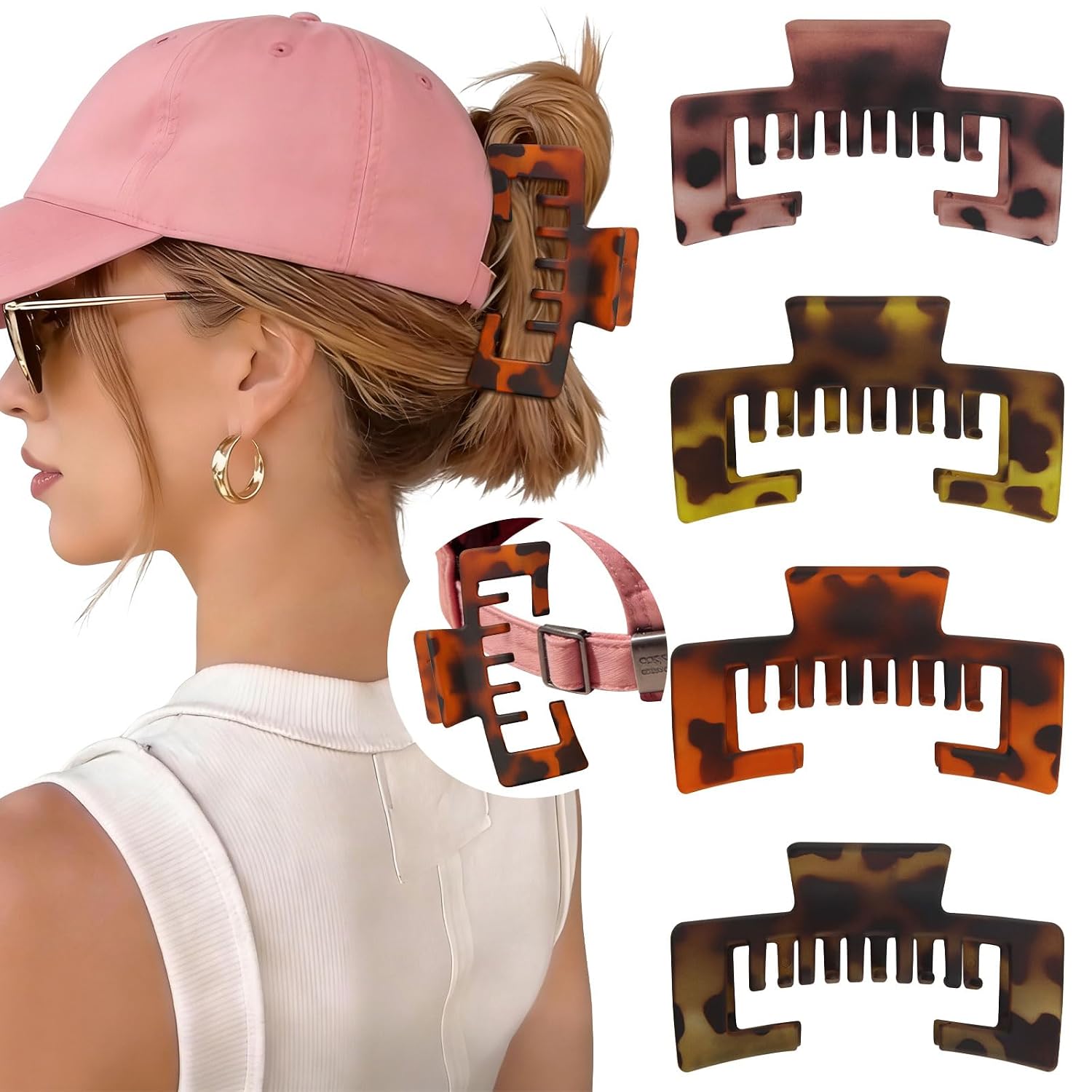 Hat-Friendly Claw Clips for Baseball Caps - 4 Pcs Trucker Hat Hair Clips for Women, Claw Clips for Thick Hair Hat Hairstyles, Gifts Hair Accessories
