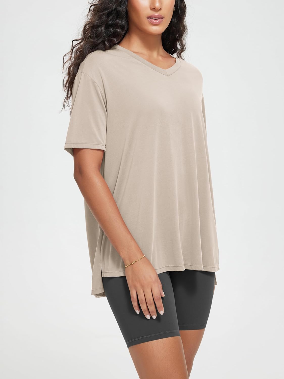 ODODOS Women's Split Hem Oversize Short Sleeve Shirts, Modal Soft V Neck Tee Casual Lounge Yoga Tops - Image 3