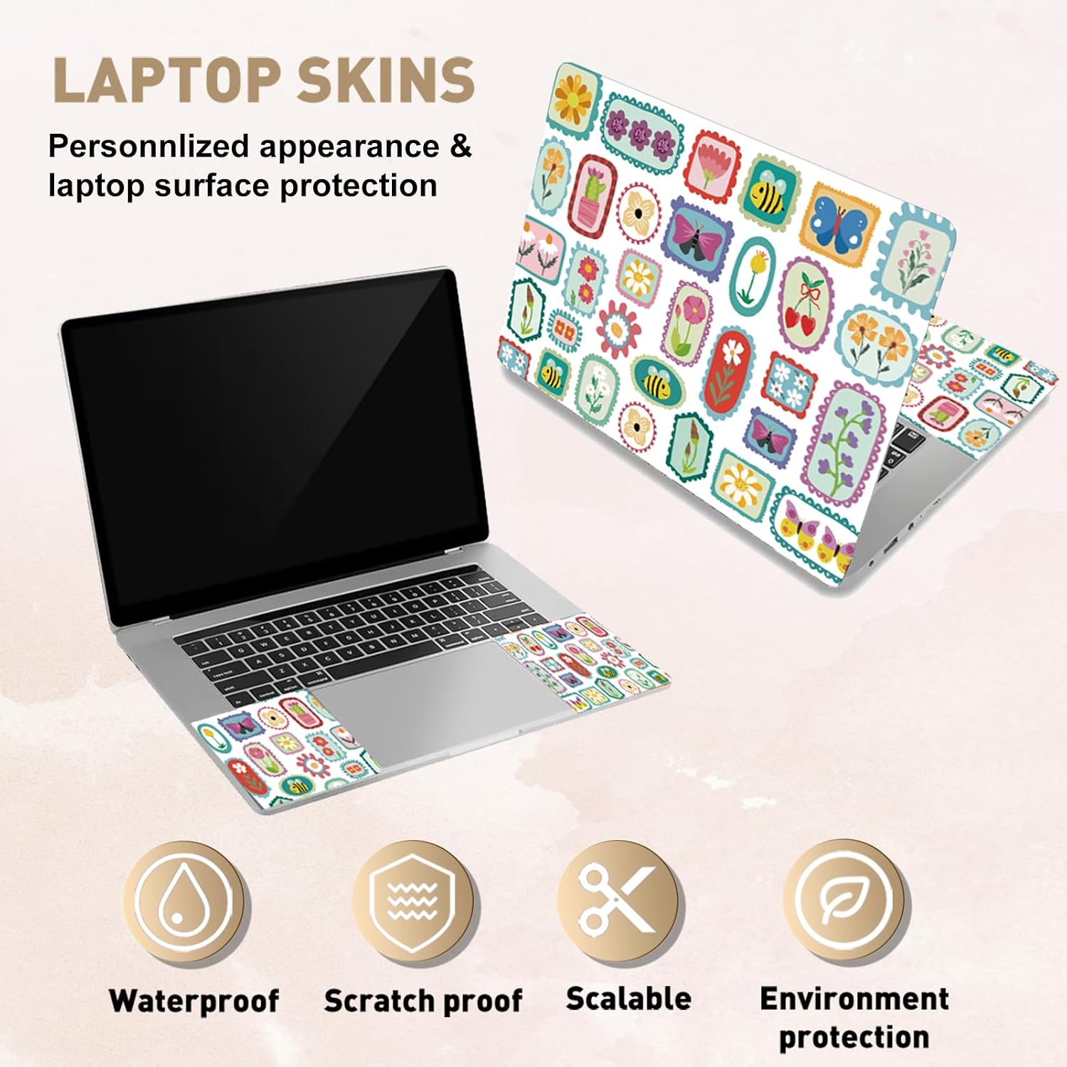 PLIGREAT 15 Inches Small Flower Stamp Style Laptop Sticker Decals, Creative Art Design Laptop Skin Stickers Fits 12" to 15" Laptops Universal Waterproof Removable Notebook Art Protector, White Green image 4