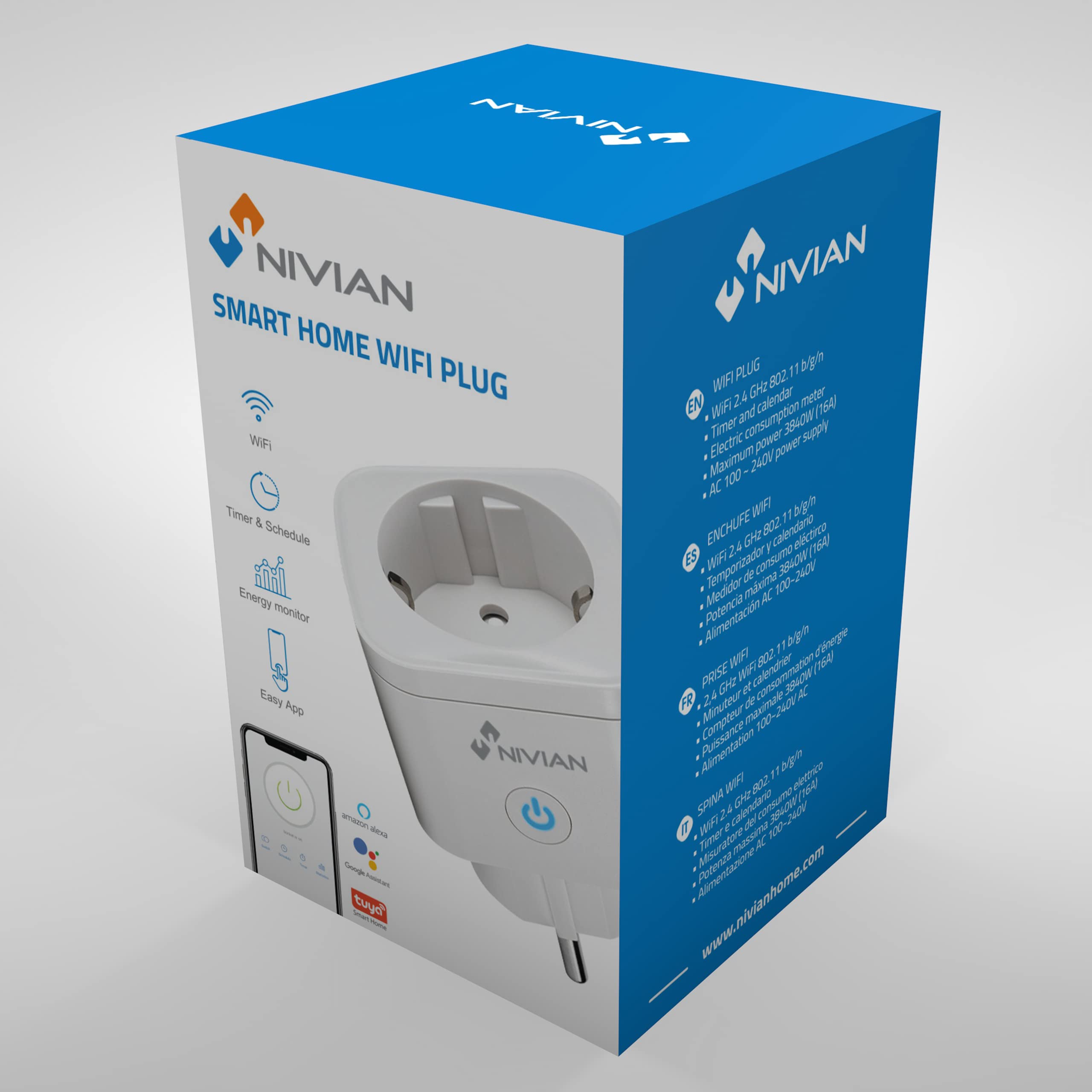 Nivian–Inteligentna wtyczka–Wifi 2.4 Ghz– do 16 A i 3680W – ochrona przeciwprzepięciowa i kontrola zużycia energii–Kompatybilny z Amazon Alexa i Google Home Remote Control z APP Tuya